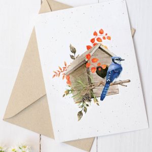 Carte en papier à planter- Geai bleu et cabane