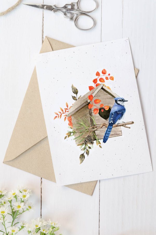 Carte en papier à planter- Geai bleu et cabane